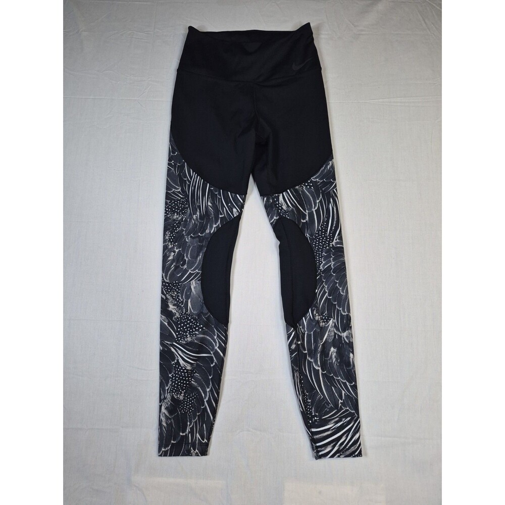 Nike Dri-Fit Leggings Womens Size Small Black Gray Feather Print Pattern